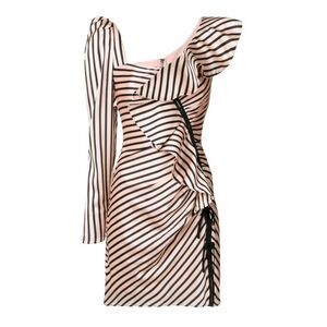 SELF-PORTRAIT Flounce Mini Ruffle Asymmetric Dress Beige and Black Stripe - US 2